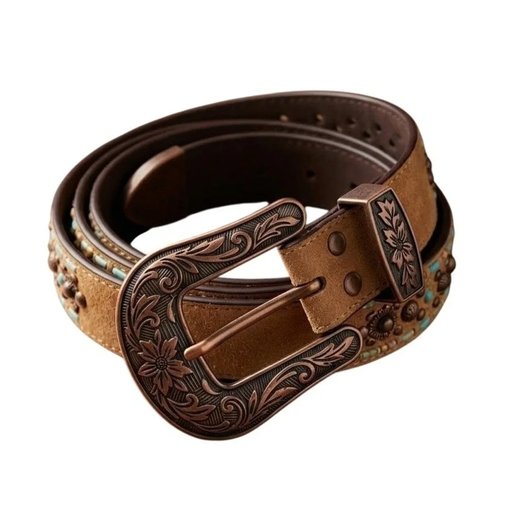 Nocona Womens Brown Western Belt Medium Studded Turquoise‎ Floral Buckle